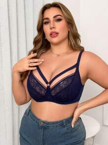 1pc Plus Size Contrast Lace Underwire Bra Lingerie - Royal Blue - View 4