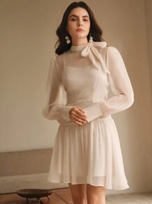 Anewsta Vestido corto elegante y sencillo de cintura entallada con estilo retro de palacio, adecuado para primavera/verano - Albaricoque - Ver 5