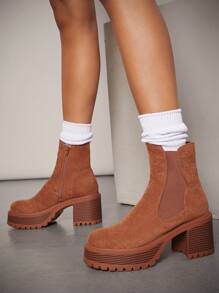 SHUZIA Women Shoes Round Toe Chunky Heel Platform Tan Chelsea Boots Women Ankle Boots And Short Boots New Year Holiday Valentine Gifts Summer Shoes Valentines