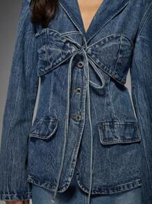MISSGUIDED Designer Power Shoulder Blazer Style Denim Jacket With Cinched Waist Tie Front Detail Vintage Inspired Fashion Statement Piece Casual Chic Outerwear - Light Wash - View 6