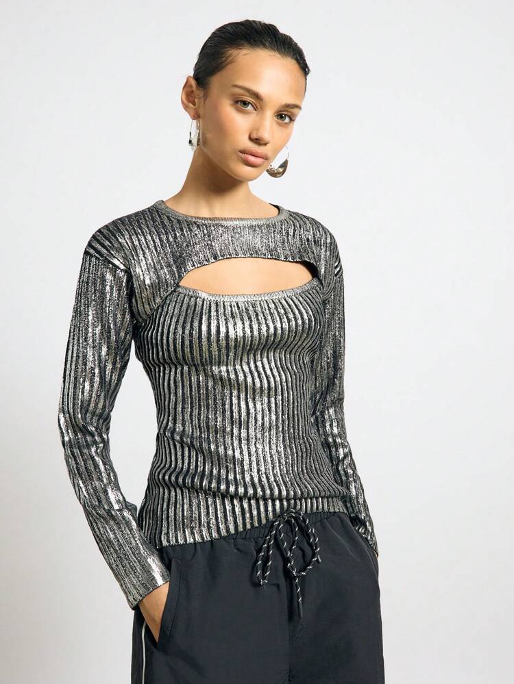 AiiRZ Metallic Ribbed Cutout Long Sleeve Party Top Holiday Evening Club Wear Glitter Disco Sparkle Night Out Fashion Statement