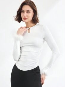 BizChic White Long Sleeve T-Shirt With Feather Decor, Elegant For Party, Holiday, Thanksgiving, Suitable For Women - White - View 7