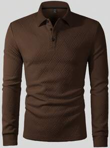 Manfinity Mode Men's Solid Color Front Button Long Sleeve Casual POLO Shirt, For Fall - Brown - View 5