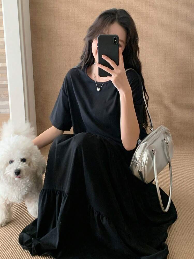 Robe midi décontractée pour femmes avec épaules tombantes, couleur unie, été