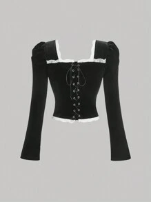 SHEIN MOD Women's Velvet Square Neck Black Long Sleeve T-Shirt, Winter T-Shirt,Old Money T-Shirt,Old Money Style Women,Rave Outfits Festival,Square Neck Top,Cute Top,Birthday Outfits For Women,Retro T-Shirt, Clothes Women,New Years T-Shirt - Black - View 3