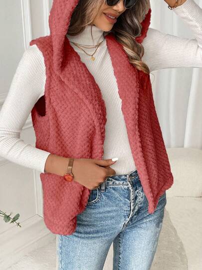 SHEIN LUNE 秋冬季休闲纯色羊毛连帽背心夹克