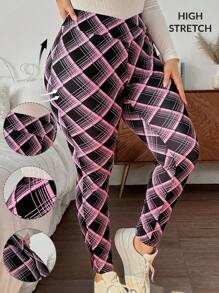 SHEIN Privé Plus Size Summer Black & Pink Striped Retro Collegiate Teacher Work Pants, Elegant V-Waist Slim Fit Long Casual Trousers For Back To School, - Multicolor - View 1