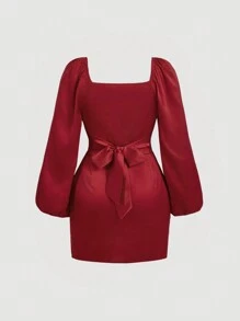 SHEIN MOD Plus Size Women Square Neck Ruched Bodycon Long Sleeve Mini Dress, - Red - View 2