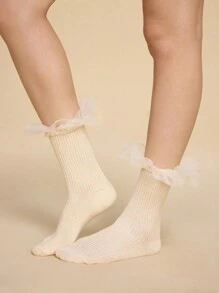 ROMWE Kawaii 1 par de calcetines de media caña tejidos con amplias franjas de encaje y malla, en color vainilla y albaricoque, para uso en todas las estaciones, para mujeres