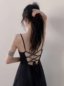 DAZY 女士长款优雅修身腰黑色连衣裙太阳裙，休闲女士连衣裙