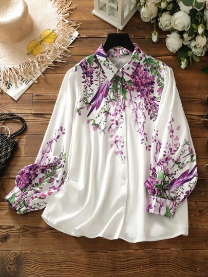 Lacomfia 休闲花卉印花长袖宽松常规版型衬衫，春秋季加大码