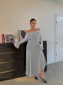 Flirla Plus Size Black Rib Knit Off Shoulder Dress, Suitable For Date Night Party - Grey - View 7