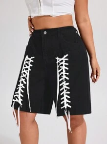 SHEIN ICON Street Fashion Lace-Up Washed Non-Stretch Denim Shorts - Black - View 6