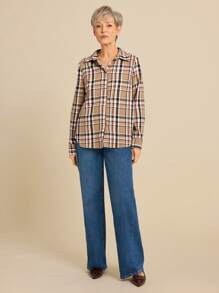 SHEIN LUNE 女士休闲单排扣长袖宽松衬衫，秋季 - 卡其色 - 查看 5