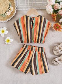 SHEIN Babygirl Summer Vacation Cute Striped Short Sleeve Top And Shorts Set