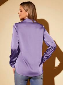 Amorya Women's Elegant Solid Color Viscose Satin Placket Long Sleeve Blouse Elegant Blouses For Ladies  Summer Outfit For Women - Purple - View 2