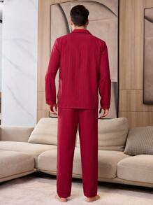 Men's Valentine's Day Wave Pattern Open Front Loungewear Red Pajama Set - Burgundy - View 5