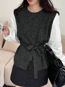 DAZY Camisa casual de primavera para mujer con bloqueo de color, cuello redondo y cinturón