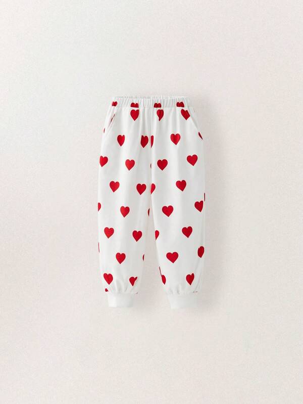 THE HAPPY LOOK Young Girls Heart Print White Knit Elastic Waist Ankle Cuff Casual Sweatpants, Suitable For Autumn/Winter, Valentine's Day