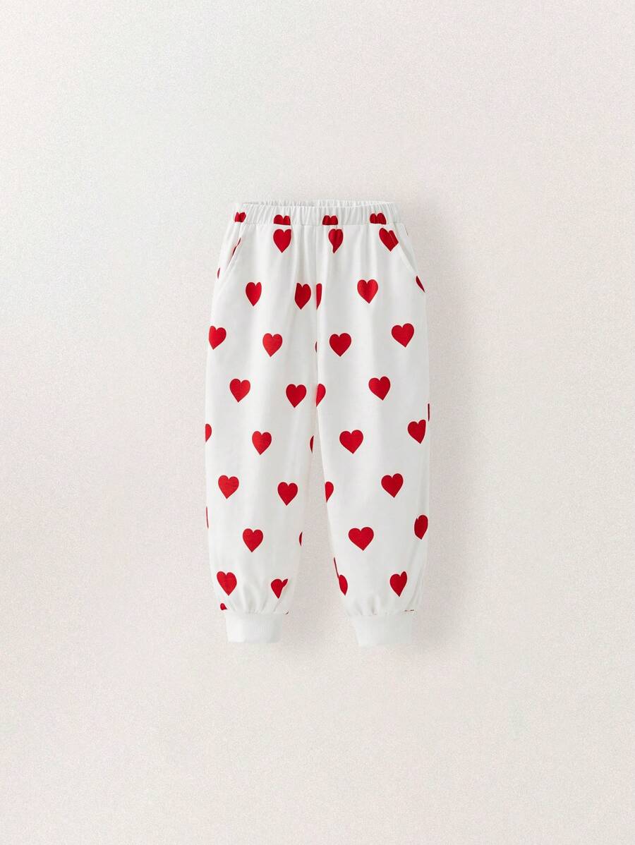 THE HAPPY LOOK 年轻女孩心形印花白色针织松紧腰踝袖休闲运动裤，适合秋冬季、情人节 - 米色 - 查看 1