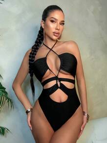 SHEIN Swim 夏季女式两件套流苏和亮片装饰服装 - 黑色 - 查看 3
