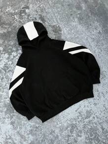 Sudadera con capucha negra suelta de manga larga y bloqueo de color casual para hombres, otoño/invierno