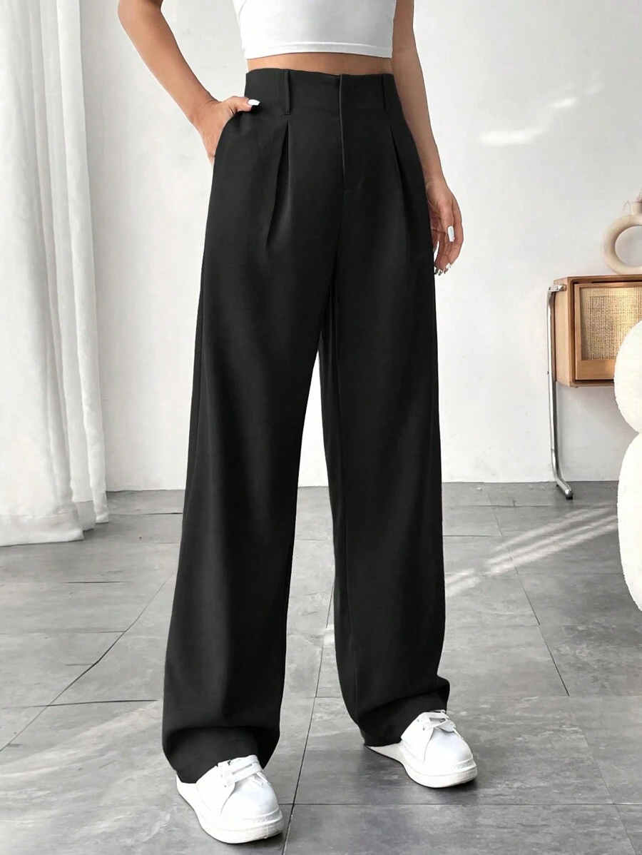SHEIN Tall Quần ống đứng đơn sắc có túi xếp ly rộng rãi thường ngày cho nữ, đa năng - màu đen - Xem 1
