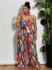Slaydiva Conjunto de 2 piezas de talla grande para vacaciones, con top tipo camiseta y pantalón de pierna ancha, en colores vivos, adecuado para primavera y verano - Multicolor - Ver 4