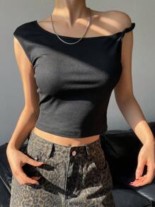 DAZY 1pc Women Open Shoulder Solid Color Fitted Short Sleeve Crew Neck Cropped Tee, Spring/Summer,Off Shoulder Top