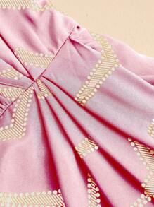 SHEIN Unity Plus Size V-Neck Long Sleeve Striped Pleated Minimalist Casual Dress, Suitable For Vacation Fall Cloth For Women