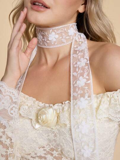 Kawaii 1 pieza Bufanda estrecha con encaje blanco para mujer, diseño "Chica vainilla" para el Día de San Valentín