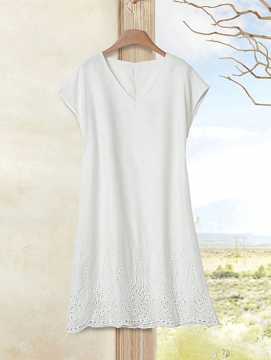 EMERY ROSE Ladies" Embroidery V-Neck Tie And Hollow Out Dress For Summer - White - View 1