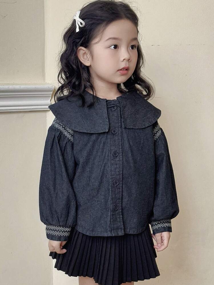Young Girl Denim Jacket With Collar, Young Girl Casual Outerwear For Fall