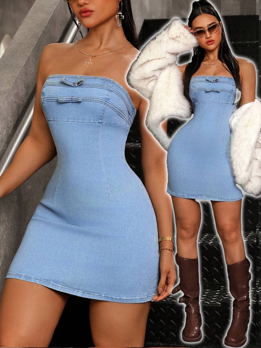 SHEIN EZwear Women Casual Washed Bodycon Mini Denim Dress - Blue - View 1