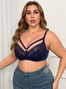 1pc Plus Size Contrast Lace Underwire Bra Lingerie - Royal Blue - View 7