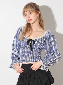 SHEIN EZwear 女式复古蓝色格子撞色蕾丝天鹅绒系领泡泡袖不对称下摆修身衬衫 - 藍白色 - 查看 6
