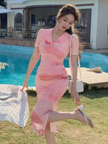 DAZY 1pc Women V-Neck Floral Ruched Mid-Calf Dress - Pink - View 1