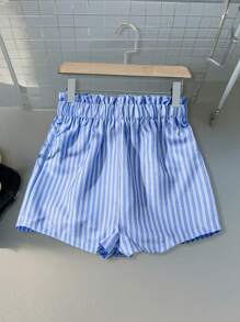 Breezaya Women's Frill Trim Striped Loose Wide Leg Shorts - Blue and White - View 4