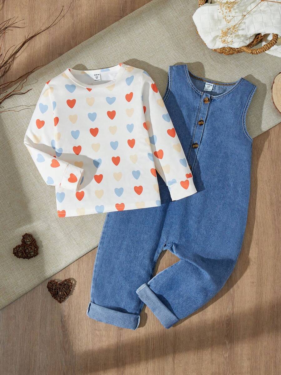 SHEIN Babyboy 男童女童春秋时尚休闲圆领长袖T恤搭配时尚休闲无袖牛仔连体衣套装适合幼儿居家露营度假圣诞休闲装 - 彩色 - 查看 1