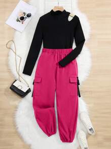 SHEIN Leap Crew Set de 2 piezas para adolescentes: Top de punto de cuello alto y pantalones de carga lisos - Rosa Fucsia - Ver 1