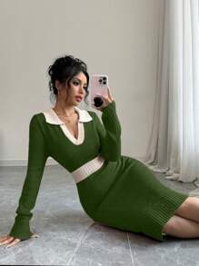 Chiquease Color Block Patchwork Slim Fit Sweater Dress, Casual Autumn/Winter For New Year Clothes