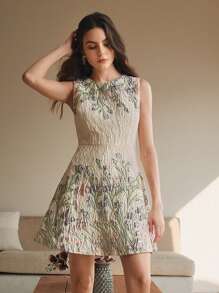 Anewsta Robe élégante à imprimé floral texturé avec taille ajustée, romantique, sans manches, idéale pour les vacances. Convient pour la Saint-Valentin, les vacances d'été, la tenue du Nouvel An - Nude - Voir 4
