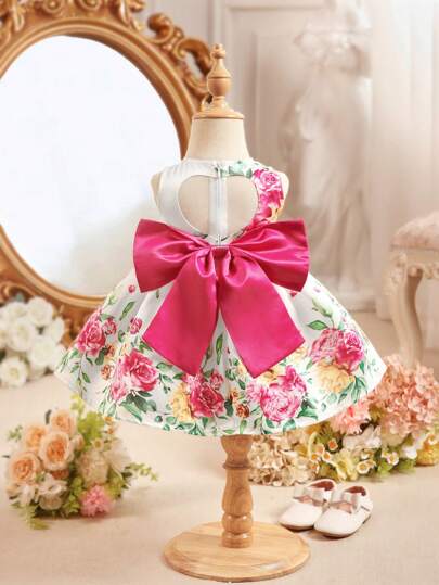 女婴夏季可爱花卉图案短袖连衣裙