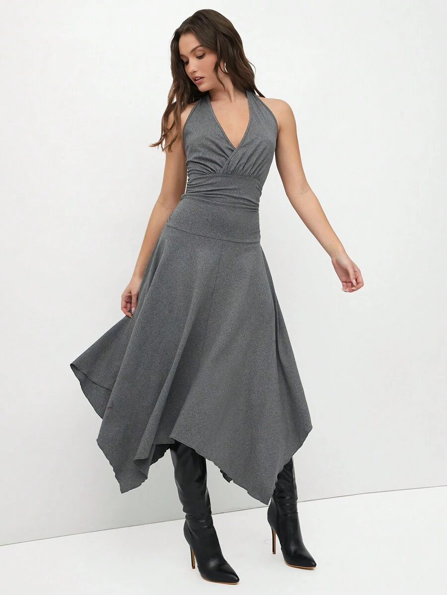 SHEIN Unity Sexy Halter Backless Deep V-Neck Asymmetrical Hem Dress - Grey - View 1
