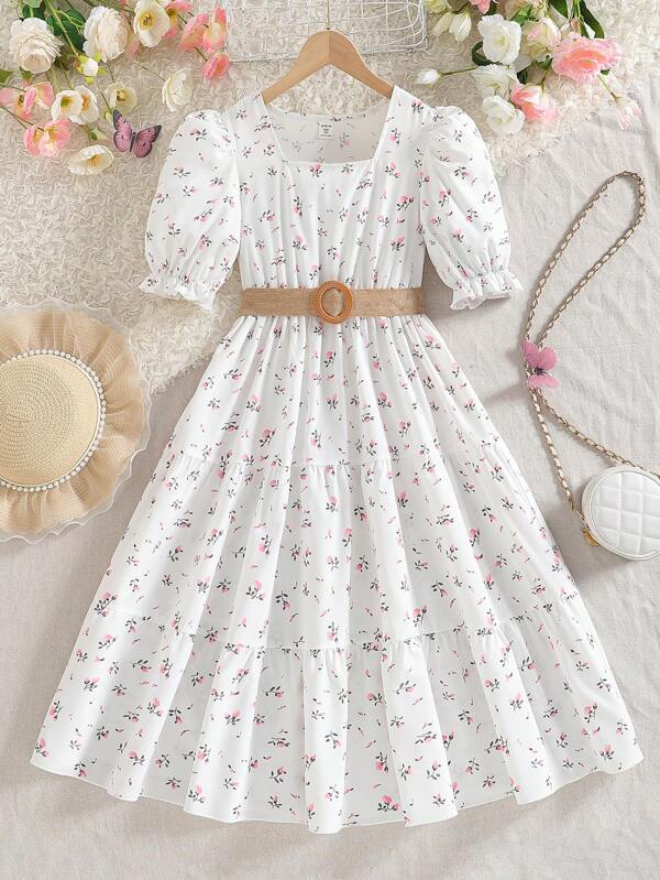 Tween Girls Cute & Fashionable Floral Print Puff Sleeve Dress, Belted, Spring/Summer,Holiday Summer Travel