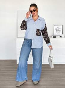 SHEIN Essnce Lässig gestreiftes Hemd für Damen in Große Größen, Leopard Muster Langarm-Oberteil