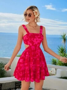 Vivid Eden Women's Summer Vacation Style Floral Print Halter Neck Cutout Waist Sun Dress,Red Women Dresses