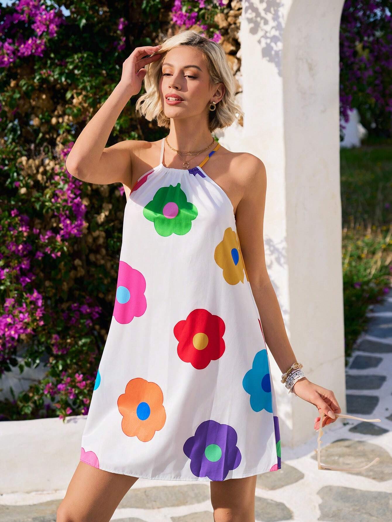 Missord Vestido Colorido Estampado com Ombros de Fora, Feito de Tecido Trançado, para Mulheres, Adequado para Praia, Romântico, Primavera/Verão, Vestido de Verão, Férias, 25 Estilos - Branco - Visão 2