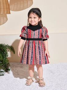 SHEIN Baby Girl Cute Colorblock Short Sleeve Summer Dress - Black - View 5