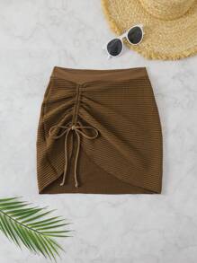 SHEIN Swim Mesh Bikini Cover Up Beach Vacation Mini Skirt Summer - Coffee Brown - View 6